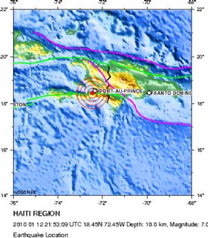 This image obtained courtesy of the US Geological Survey (USGS) illustrates the intensity of the 7.0 magnitude earthquake that rocked the impoverished Caribbean nation of Haiti, Tuesday, Jan. 12, 2010.