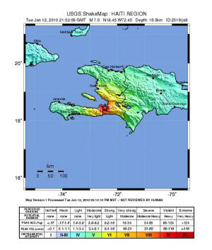 This image obtained courtesy of the US Geological Survey (USGS) illustrates the intensity of the 7.0 magnitude earthquake that rocked the impoverished Caribbean nation of Haiti, Tuesday, Jan. 12, 2010.[ Xinhua/AFP]