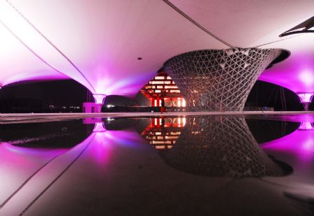 Photo taken on Jan. 12, 2010 shows the scenery of the Expo Axis during a trial illumination in the Expo Park in Shanghai, east China.(Xinhua Photo)