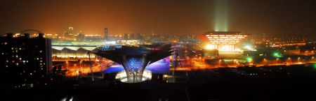 Photo taken on Jan. 12, 2010 shows the scenery of the Expo Axis and China Pavilion during a trial illumination in the Expo Park in Shanghai, east China.(Xinhua Photo)