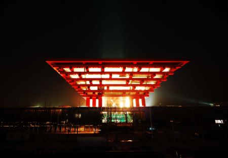 Photo taken on Jan. 12, 2010 shows the scenery of the China Pavilion during a trial illumination in the Expo Park in Shanghai, east China.(Xinhua Photo)