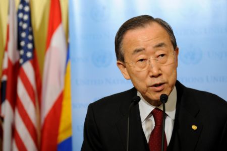 UN Secretary-General Ban Ki-moon speaks to reporters at UN headquarters in New York, the United States, Jan. 15, 2010. The United Nations on Friday issued a flash appeal of 550 million U.S. dollars to provide emergency care to thousands of Haitians suffering from the fallout of Tuesday's earthquake that has devastated the country and created an epic humanitarian challenge. [Xinhua] 