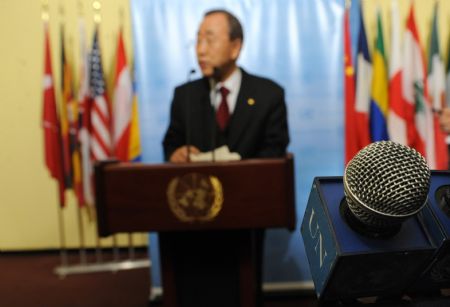 UN Secretary-General Ban Ki-moon speaks to reporters at UN headquarters in New York, the United States, Jan. 15, 2010. [Xinhua]