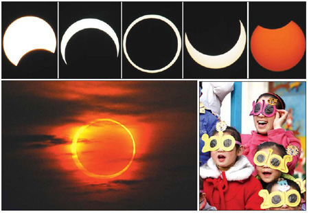 Above: A series of pictures show the process of the annular eclipse on Friday in Yibin, Sichuan province. Zeng Lang Left: The annular eclipse is shown at sunset on Friday in Lianyungang, Jiangsu province. Geng Yuhe Right: Kindergarten students in Huaibei, Anhui province, watch the annular eclipse on Friday. 