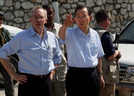 U.N. Secretary-General Ban Ki-moon, right, and Edmond Mulet, the acting chief of the U.N. peacekeeping mission in Haiti, visit the collapsed U.N. headquarters in Port-au-Prince, Sunday, Jan. 17, 2010. 