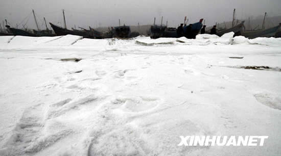 A breeding farm falls into disuse, obstructed by ice and snow in Linghai city, northeast China's Liaoning Province in the photo taken on Monday, January 18, 2010. Marine-related industries, including breeding and transport, are in certain peril since Bohai Sea and its coastal region suffer from the most severe icing in 30 years. [Xinhuanet]