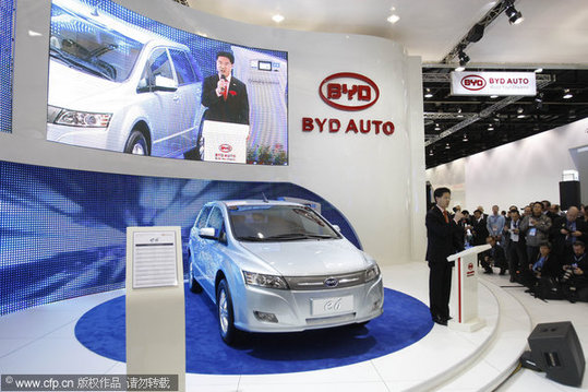 The new BYD E6 all-electric vehicle sits on display at the BYD exhibit at the North American International Auto Show January 12, 2010 in Detroit, Michigan. [CFP]
