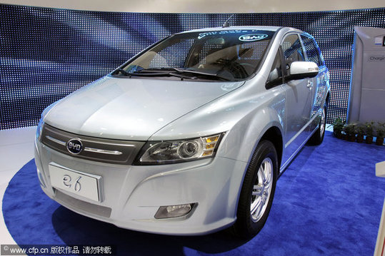 The new BYD E6 all-electric vehicle sits on display at the BYD exhibit at the North American International Auto Show January 12, 2010 in Detroit, Michigan. [CFP]
