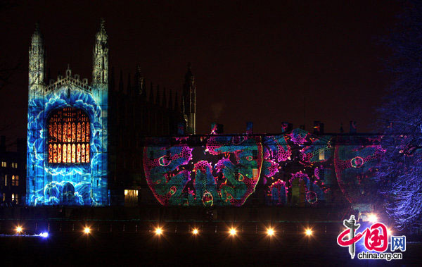 Kings College Chapel and Kings College at the University of Cambridge, in Cambridge city centre, is illuminated during a spectacular light show, marking the end of its 800th anniversary celebrations, which began exactly a year ago. [CFP]