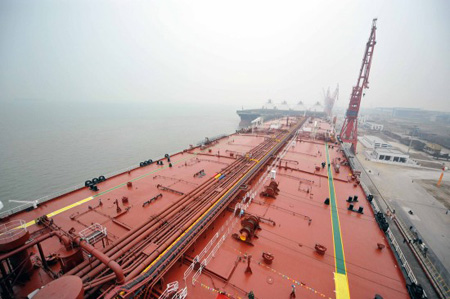 A photo taken on January 22, 2010 shows the deck of Xin Pu Yang, the most sophisticated supertanker ever designed and built by a Chinese shipyard, at Nansha port, Guangzhou, south China's Guangdong province. 