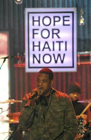 Hip hop artist Jay-Z performs in London during the 'Hope For Haiti Now: A Global Benefit For Earthquake Relief' telethon January 22, 2010 in this handout photo provided by MTV. 
