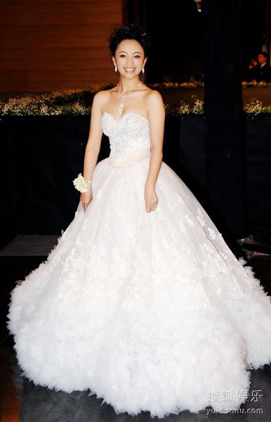 The bride Luo Haiqiong poses for photography in a fluffy fairy-tale wedding dress during her wedding ceremony at the hotel Park Hyatt in Beijing Sunday evening, Jan. 24, 2010.