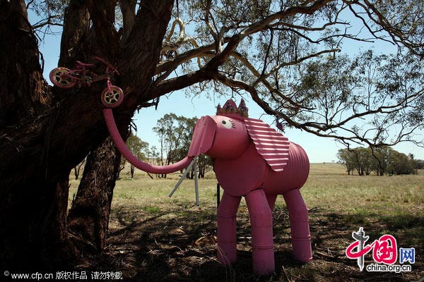 A sculpture is exhibited as part of the &apos;Animals On Bikes&apos; Paddock Art sculpture tourist trail along Obley Road on January 24, 2010 in Cumnock, Australia.