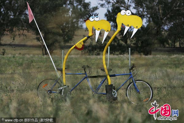 A sculpture is exhibited as part of the &apos;Animals On Bikes&apos; Paddock Art sculpture tourist trail along Obley Road on January 24, 2010 in Cumnock, Australia.