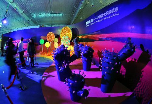 Tourists appreciate the &apos;Rhapsody of Lollipop&apos; at the chocolate theme park in Beijing, China, Jan. 28, 2010. The 20,000-square-metre (215,000 square-foot) &apos;chocolate wonderland&apos; will open to the public on January 29. [Xinhua]