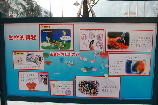 A noticeboard is seen in the campus of the new Wenchuan 1st primary school in Weizhou village, Wenchuan County, Sichuan Province on January 27, 2010. [China.org.cn]