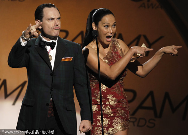 Tia Carrere (right), and Kurt Elling are seen on stage at the 52nd Grammy Awards on Sunday, Jan. 31, 2010, in Los Angeles. 