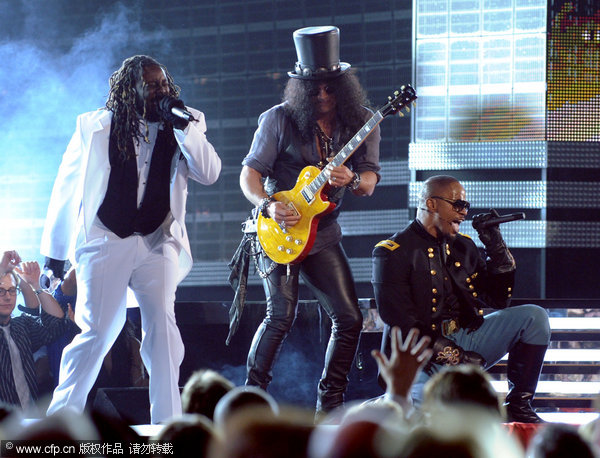 Rapper T-Pain, musician Slash, and singer Jamie Foxx perform onstage during the 52nd Annual Grammy Awards held at Staples Center on January 31, 2010 in Los Angeles, California.