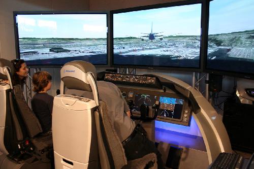 Attendees experience the flight simulation system at the Singapore Airshow 2010 in Singapore on Feb. 2, 2010. More than 800 exhibitors from 40 countries and regions participated in the airshow, which lasts from Feb. 2 to 7. [Gao Chuan/Xinhua]