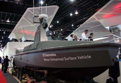 A model of a Venus Unmanned Surface Vehicle is displayed at the Singapore Airshow 2010 in Singapore on Feb. 2, 2010. More than 800 exhibitors from 40 countries and regions participated in the airshow, which lasts from Feb. 2 to 7. [Gao Chuan/Xinhua]