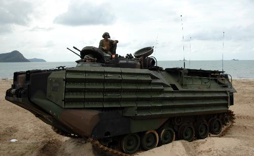 Soldiers stand by in an armored vehicle during a landing drill of the Cobra Gold multinational military exercise in Sattahipp of Changwat Chon Bury, Thailand, Feb. 4, 2010. [Shi Xianzhen/Xinhua] 