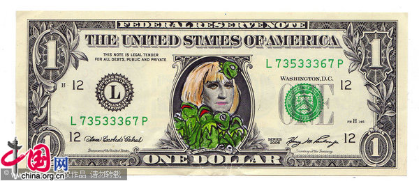 Lady Gaga takes on George Washington as she features on these altered one dollar bills. US based artist, Craig Gleason has scribbled the &apos;Just Dance&apos; singer&apos;s face - in some of her most outlandish outfits - on to several of the notes. He is selling them on his website in packs of three - for between $10 and $15 USD. [CFP]