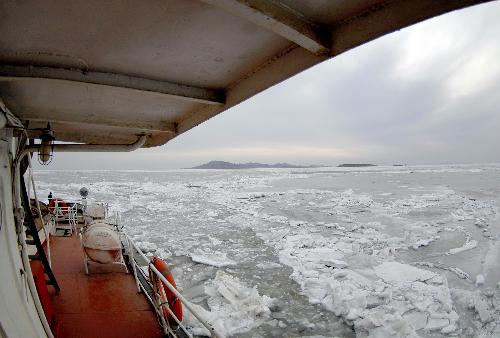 Sea ice is seen around an icebreaker on its way to the Juhua Island in Northeast China's Liaoning province, on Feb 10, 2010. [Xinhua] 