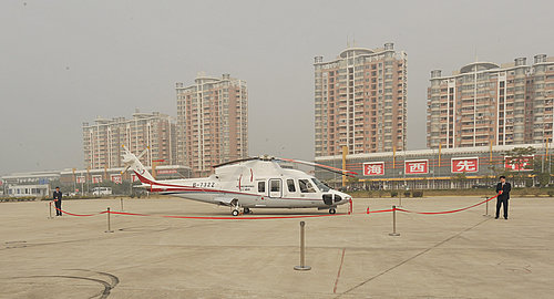 The helicopter parks on a square in Fuzhou of Fujian province on February 9, 2010.