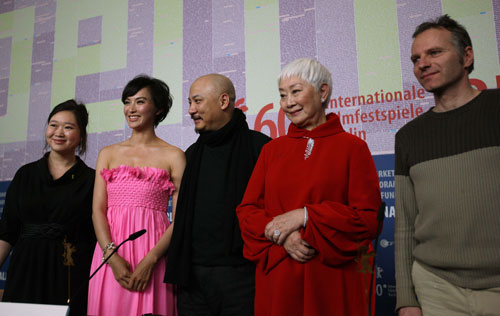 Cast members of Chinese movie 'Tuan Yuan' attend a press conference at the 60th Berlinale International Film Festival in Berlin, capital of Germany, Feb. 11, 2010.