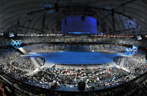 Photo taken on Feb. 12, 2010 shows the panorama inside the BC Place stadium during the opening ceremony for the 2010 Winter Olympic Games, in Vancouver, Canada. [Wu Wei/Xinhua]