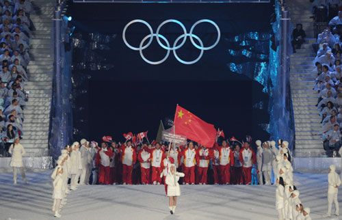 Members of the Chinese delegation parade into the stadium during the opening ceremony for the 2010 Winter Olympic Games inside the BC Place stadium in Vancouver, Canada on Feb. 12, 2010. [Yang Lei/Xinhua]