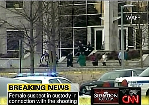 In this still image from video courtesy of WAFF via CNN, Police respond to the scene of a shooting Friday, Feb. 12, 2010, at the University of Alabama in Huntsville, Ala. [Xinhua/AFP]