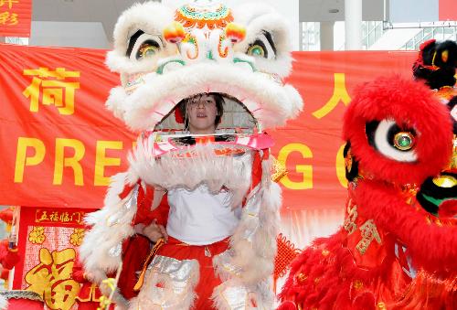 A Dutch youngster performs lion dance during a celebration for the Chinese Spring Festival, or lunar New Year, in the Hague of the Netherlands, on Feb. 13, 2010. (Xinhua/Wang Xiaojun)