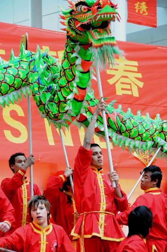 People perform dragon dance during a celebration for the Chinese Spring Festival, or lunar New Year, in the Hague of the Netherlands, on Feb. 13, 2010. (Xinhua/Wang Xiaojun)