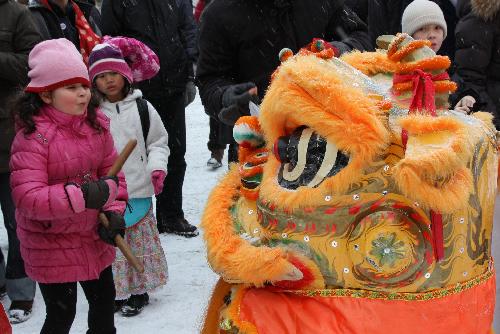 A Swedish girl watches lion dance during a celebration for the Chinese Spring Festival, or lunar New Year, in Stockholm, capital of Sweden, on Feb. 13, 2010. (Xinhua/He Miao)
