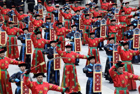 Actors take part in a performance at the Temple of Heaven in Beijing on the first day of the Chinese New Year.[
