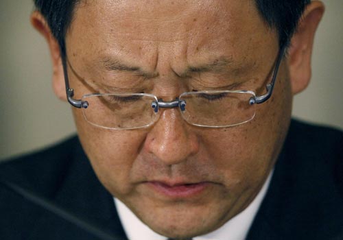 Toyota Motor Corp President Akio Toyoda attends a news conference in Tokyo February 17, 2010. Toyota said on Wednesday it would add a brake-override system, which cuts engine power when the accelerator and brake pedals are applied at the same time, to all future vehicles worldwide.