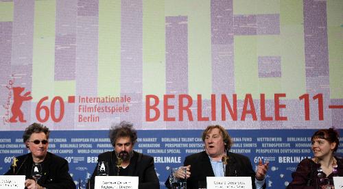 Actor Gerard Depardieu (R 2), directors Gustave Kervernand (L 2) and Benoit Delepine (L 1) attend a news conference to promote the movie 'Mammuth' at the Berlinale International Film Festival in Berlin, February 19, 2010.