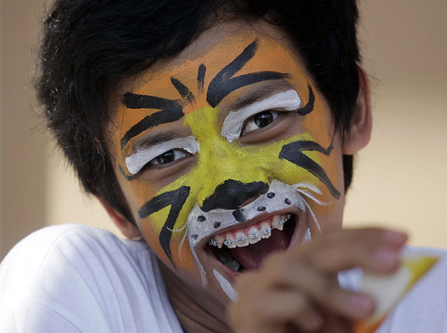 A volunteer with tiger-painted face poses during the Tx2 Tiger Conservation Campaign Face Painting in conjunction with the Chinese Lunar New Year of the Tiger at Fo Guang Shan Dong Zen Buddhist Temple in Jenjarom, 100 kilometers (61 miles) west of Kuala Lumpur, Malaysia, Saturday, Feb. 20, 2010. The campaign which aims to help double the number of wild tigers in Malaysia by the next Year of the Tiger (2022), was launched by WWF- Malaysia. [Xinhua/AFP]