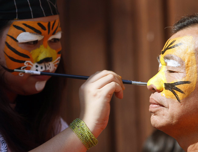 A volunteer paints a man to look like the face of a tiger during the Tx2 Tiger Conservation Campaign Face Painting in conjunction with the Chinese Lunar New Year of the Tiger at Fo Guang Shan Dong Zen Buddhist Temple in Jenjarom, 100 kilometers (61 miles) west of Kuala Lumpur, Malaysia, Saturday, Feb. 20, 2010. The campaign, which aims to help double the number of wild tigers in Malaysia by the next Year of the Tiger (2022), was launched by WWF- Malaysia. [Xinhua/AFP]