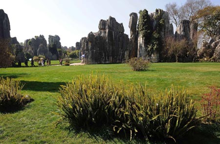 Performers of Yi ethnic group sing and dance near the Stone Forest in southwest China's Yunnan Province on Feb. 4, 2009.[Xinhua File Photo] 