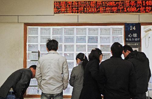 Migrant workers look at an information bulletin at a job fair in Hangzhou, capital of east China's Zhejiang Province, on Feb. 19, 2010. 