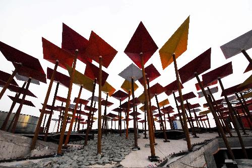 Photo taken on Feb. 19, 2010 shows the kite square at Mexico Pavilion in Pudong Expo Site in Shanghai, east China. The foreign pavilions in Pudong Expo Site have entered the phase of internal decoration and exhibition installation.[Xinhua] 