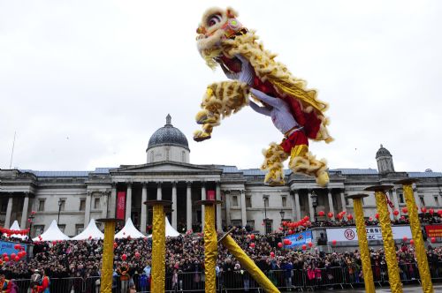 People watch lion dancing during a celebration of Chinese Lunar New Year on Trafalgar Square in London, capital of Britain, Feb. 21, 2010. Grand Chinese Lunar New Year celebrations were held in Trafalgar Square, Leicester Square and Chinatown in London on Sunday, providing a spectacular Chinese traditional festival experience to locals and visitors alike.