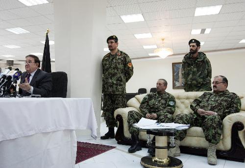 Afghan Minister of Defense Abdul Rahim Wardak (L) speaks regarding Helmand operation, during a press conference in Kabul, capital of Afghanistan, Feb. 13, 2010. Hours after launching major offensive by NATO and Afghan soldiers against Taliban militants in Marjah district of southern Helmand province, Afghan Minister of Defense Abdul Rahim Wardak said that several areas have been captured and clash for control of Marja Bazaar is going on. ]Zabi Tamanna/Xinhua] 