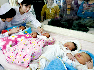 Nurses attend newborn babies at a hospital i Shenyang, Liaoning Province, February 21, 2010. Many newborn babies were delivered at the hospital at the beginning of the Chinese Lunar New Year of Tiger, which started on February. 14.