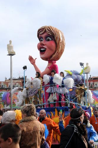 The float 'Miss Meteo' is paraded during the 126th edition of the Nice carnival in Nice, France, on Feb. 21, 2010. The 126th Nice Carnival which takes place from Feb. 12 till Feb. 28 came to a climax on Sunday. A total of 20 floats joined the parade and lots of people took part in it.