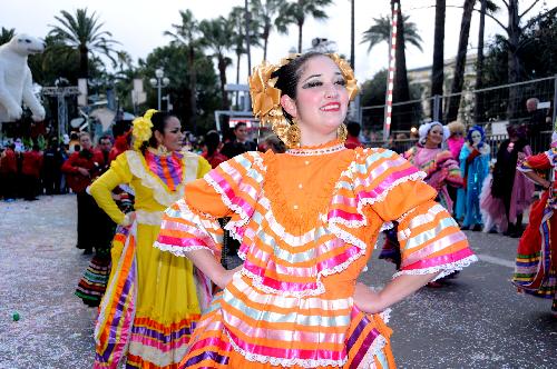 Actors from Mexico perform dances during a parade of the 126th edition of the Nice carnival in Nice, France, on Feb. 21, 2010. The 126th Nice Carnival which takes place from Feb. 12 till Feb. 28 came to a climax on Sunday. A total of 20 floats joined the parade and lots of people took part in it.