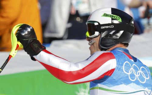 Bode Miller of the U.S. reacts after crossing the finish line of the Slalom run of the men's Alpine Skiing Super Combined event at the Vancouver 2010 Winter Olympics in Whistler, British Columbia, February 21, 2010.