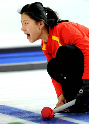 China's Liu Yin reacts during the women's curling round robin match against Canada at the 2010 Winter Olympic Games in Vancouver, Canada, Feb. 21, 2010. (Xinhua/Chen Kai)